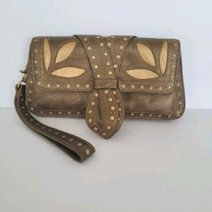 Isabella Fiore Metallic Brown Clutch Wristlet Leather Purse Small Bag Western
